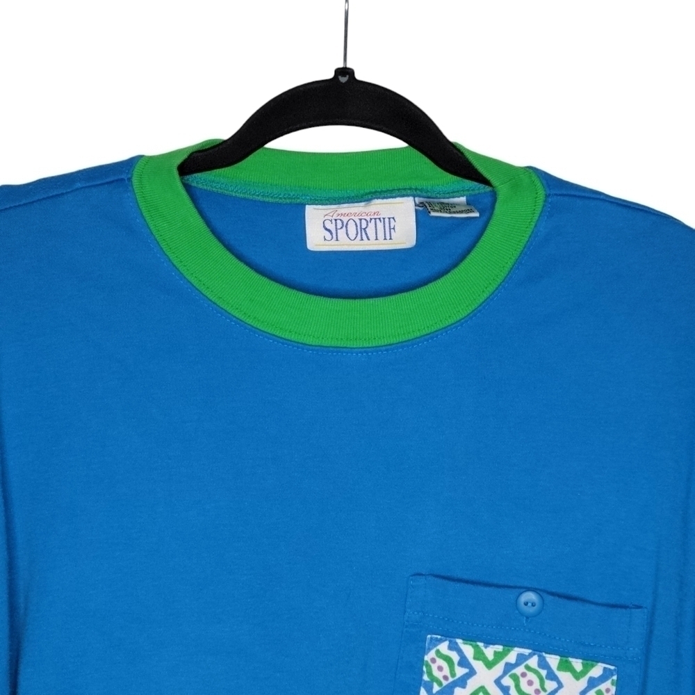 Vintage 80s American Sportif Double Layered Pocket Tee T-Shirt Blue Green - Picture 3 of 5